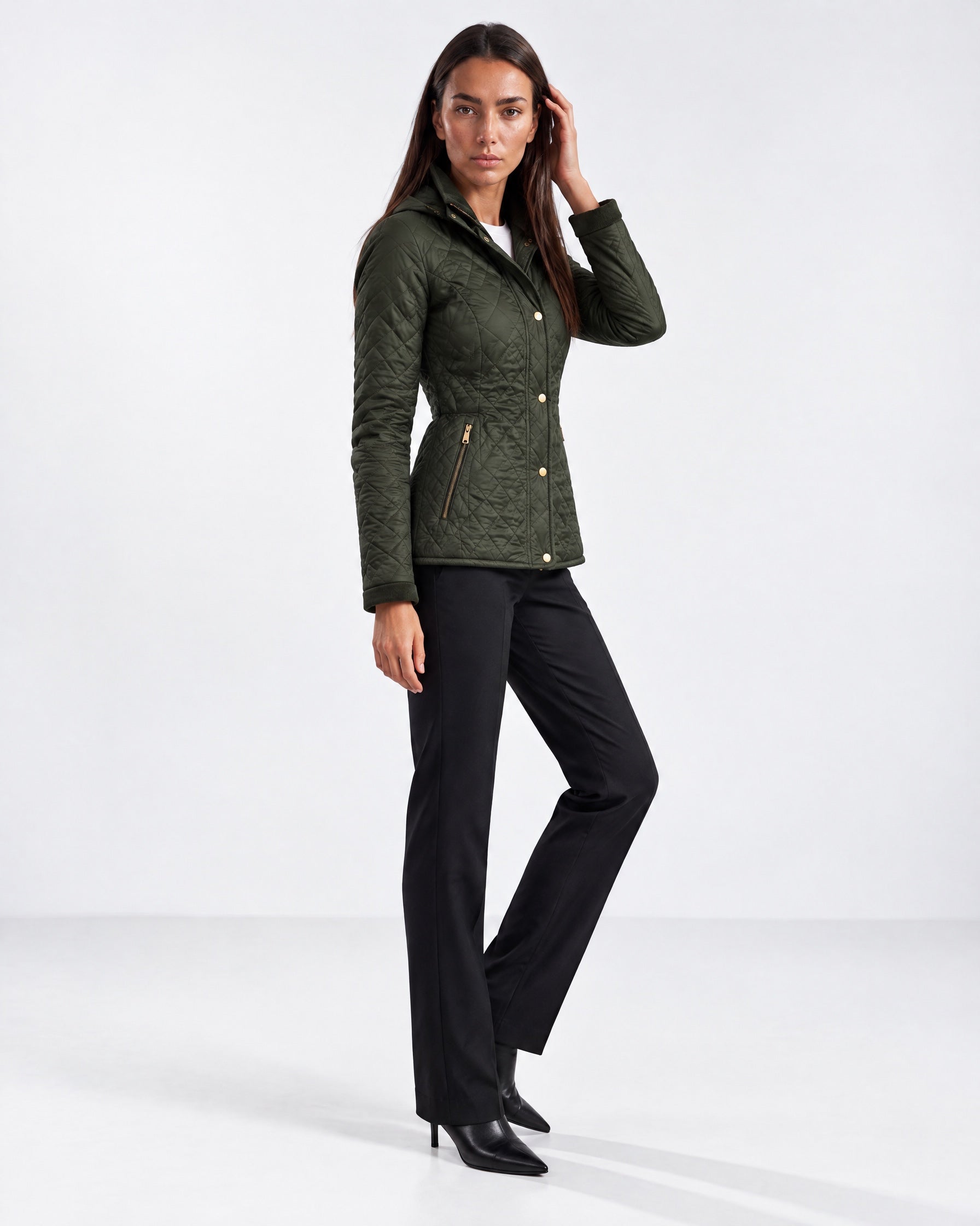 Green Quilted Jacket Womens Fitted Padded Jacket with Gold Buttons and Cord Collar