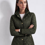 Green Quilted Jacket Womens Fitted Padded Jacket with Gold Buttons and Cord Collar