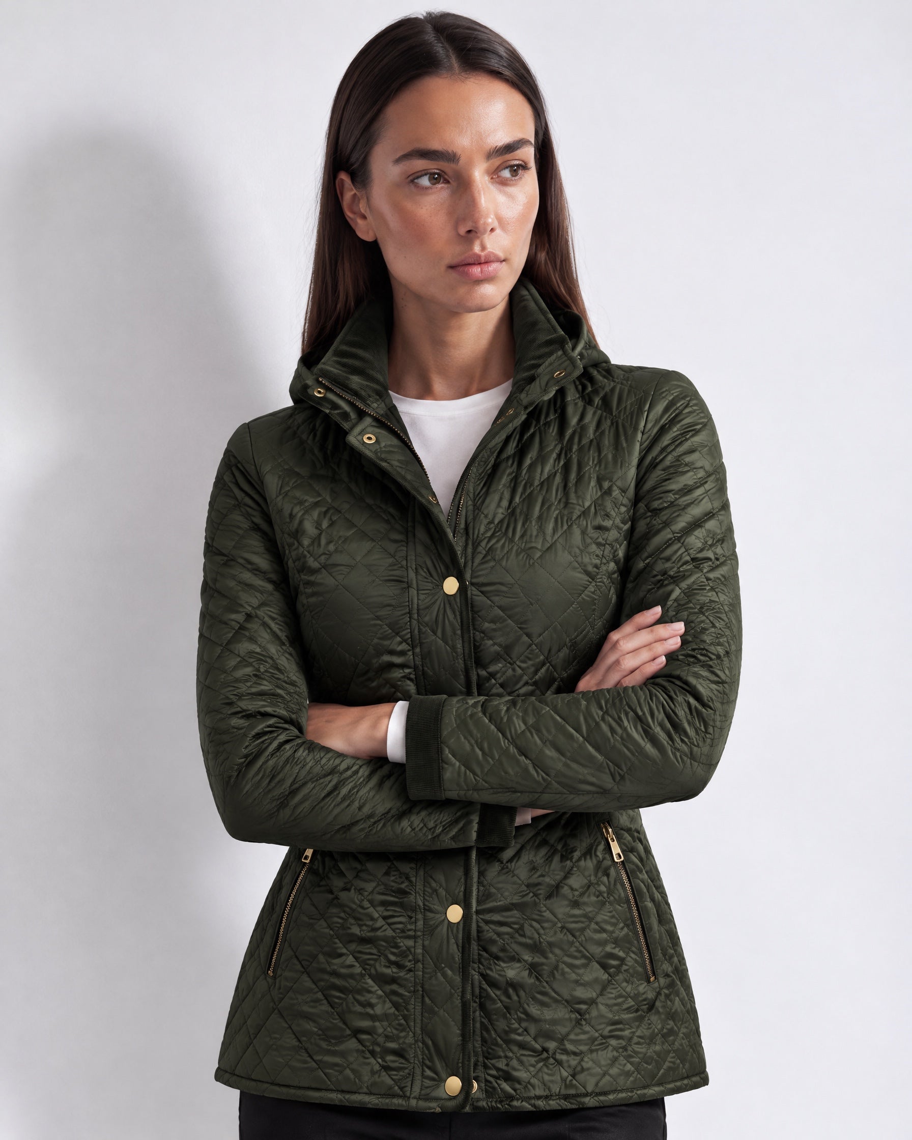 Green Quilted Jacket Womens Fitted Padded Jacket with Gold Buttons and Cord Collar