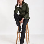 Green Quilted Jacket Womens Fitted Padded Jacket with Gold Buttons and Cord Collar