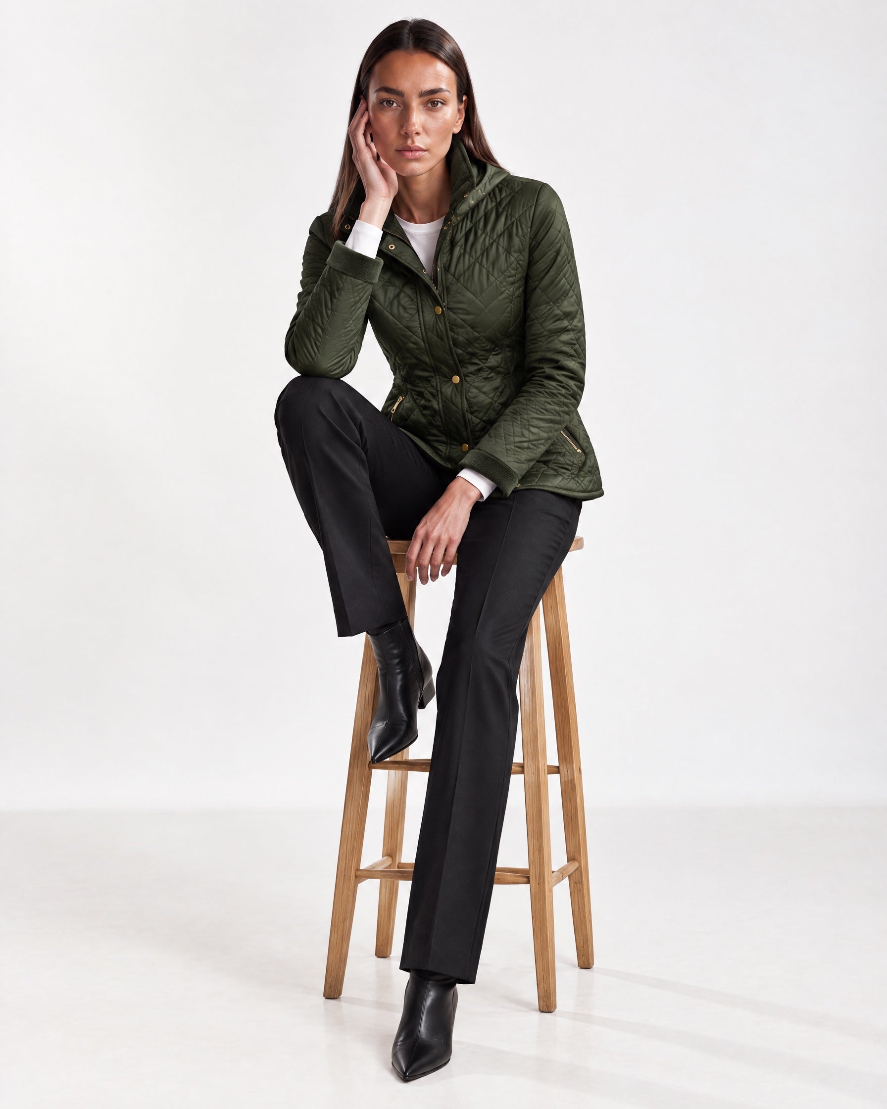Green Quilted Jacket Womens Fitted Padded Jacket with Gold Buttons and Cord Collar
