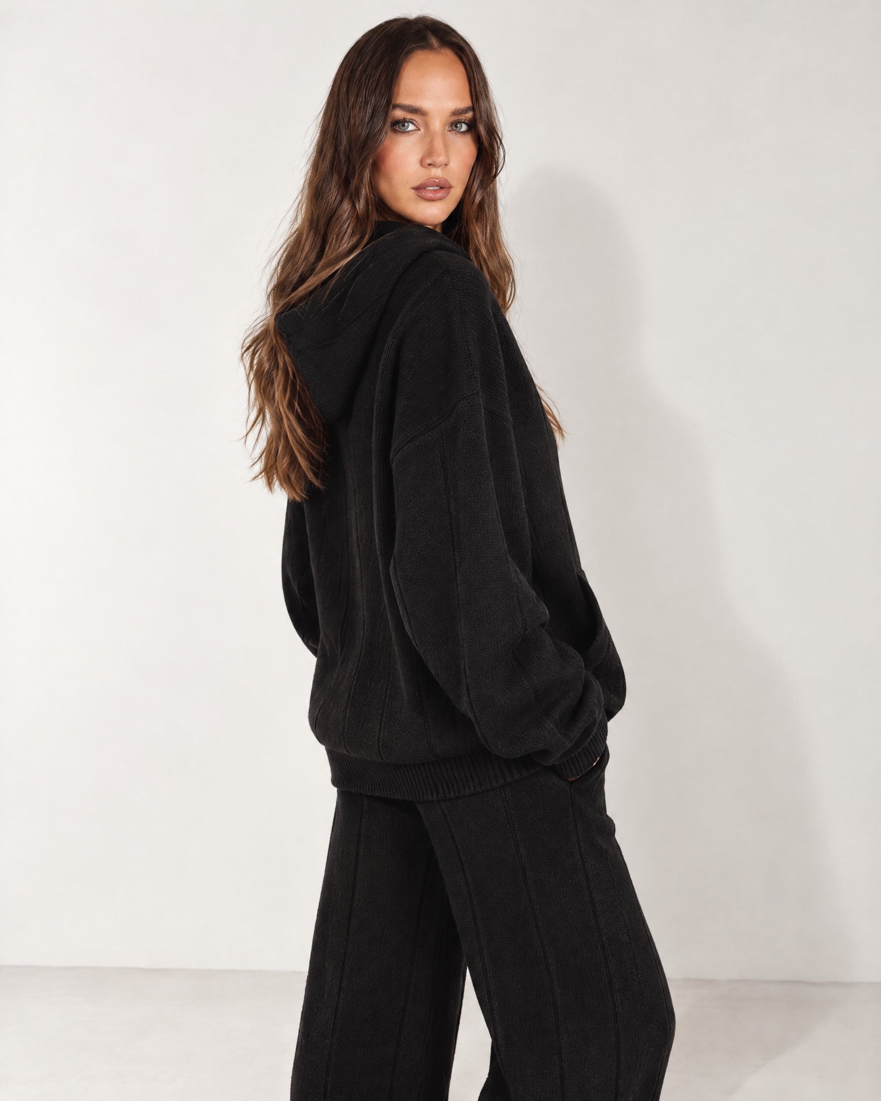 Black Knitted Hoodie Oversized Ribbed with Kangaroo Pocket