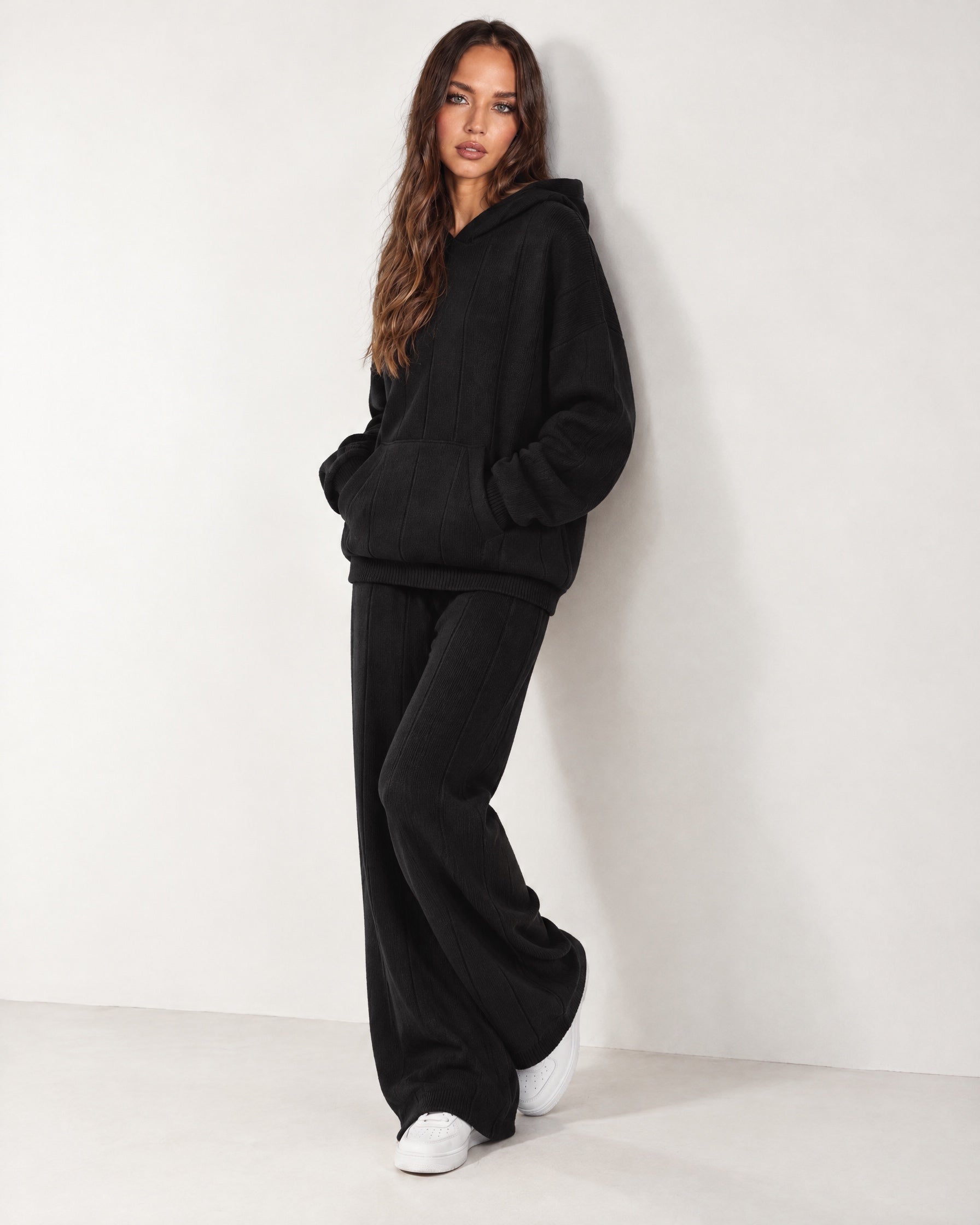 Black Knitted Hoodie Oversized Ribbed with Kangaroo Pocket