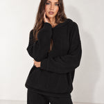 Black Knitted Hoodie Oversized Ribbed with Kangaroo Pocket