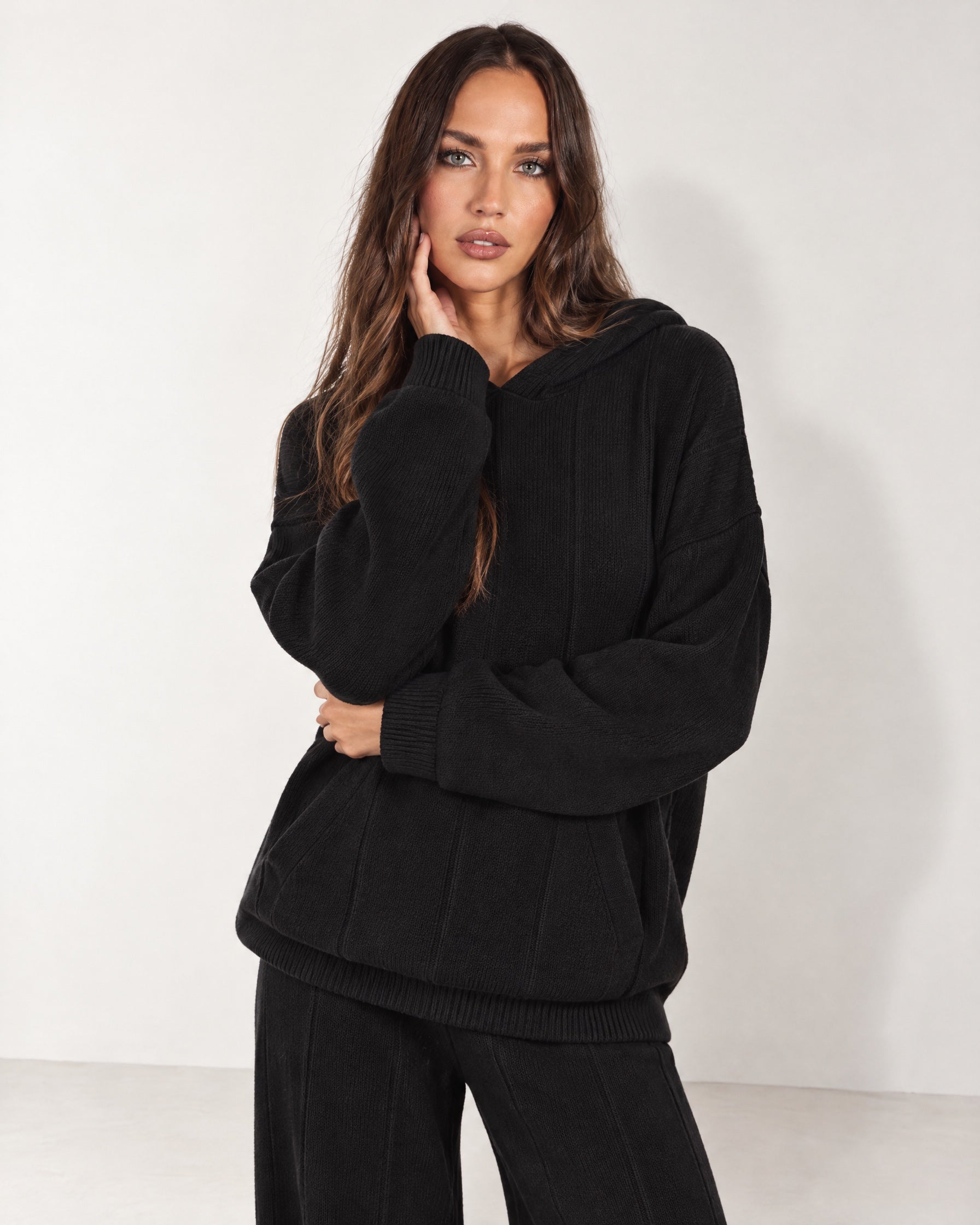 Black Knitted Hoodie Oversized Ribbed with Kangaroo Pocket