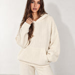 Cream Knitted Hoodie Oversized Ribbed with Kangaroo Pocket