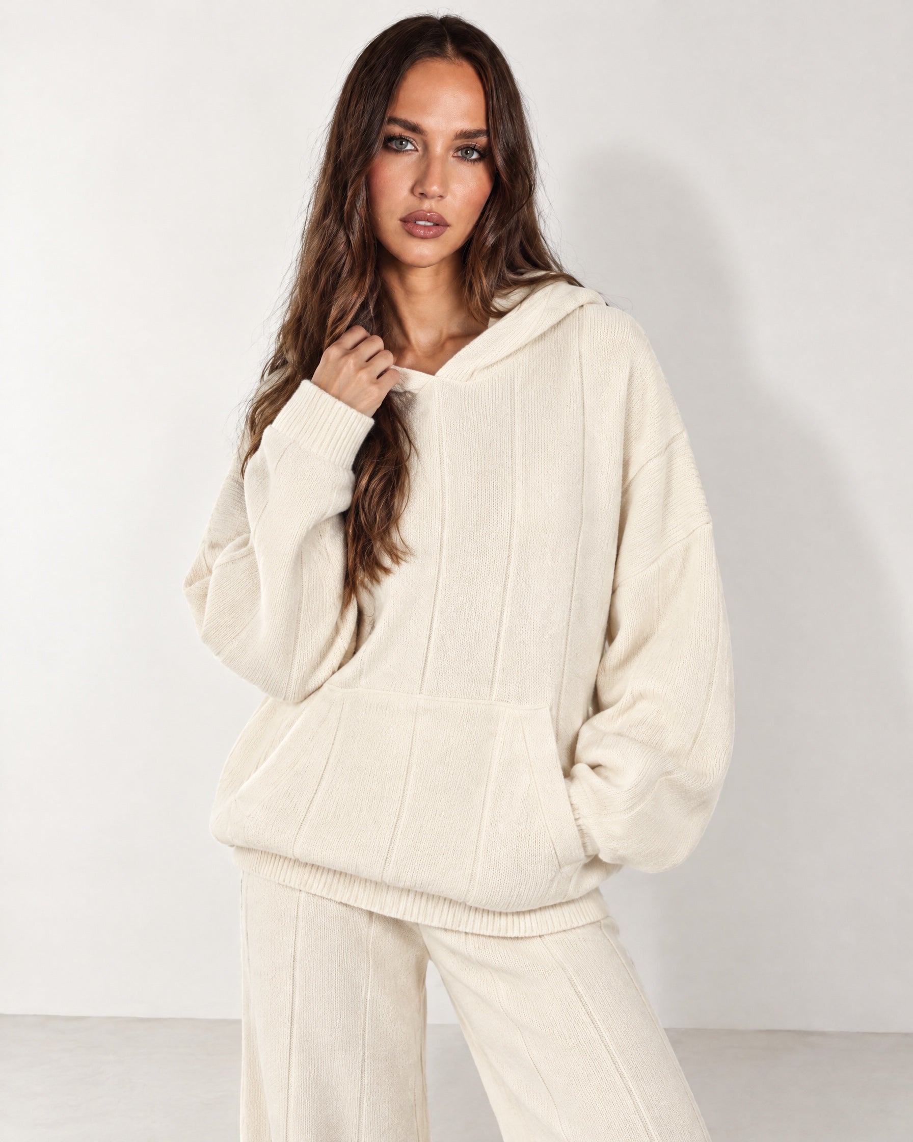 Cream Knitted Hoodie Oversized Ribbed with Kangaroo Pocket