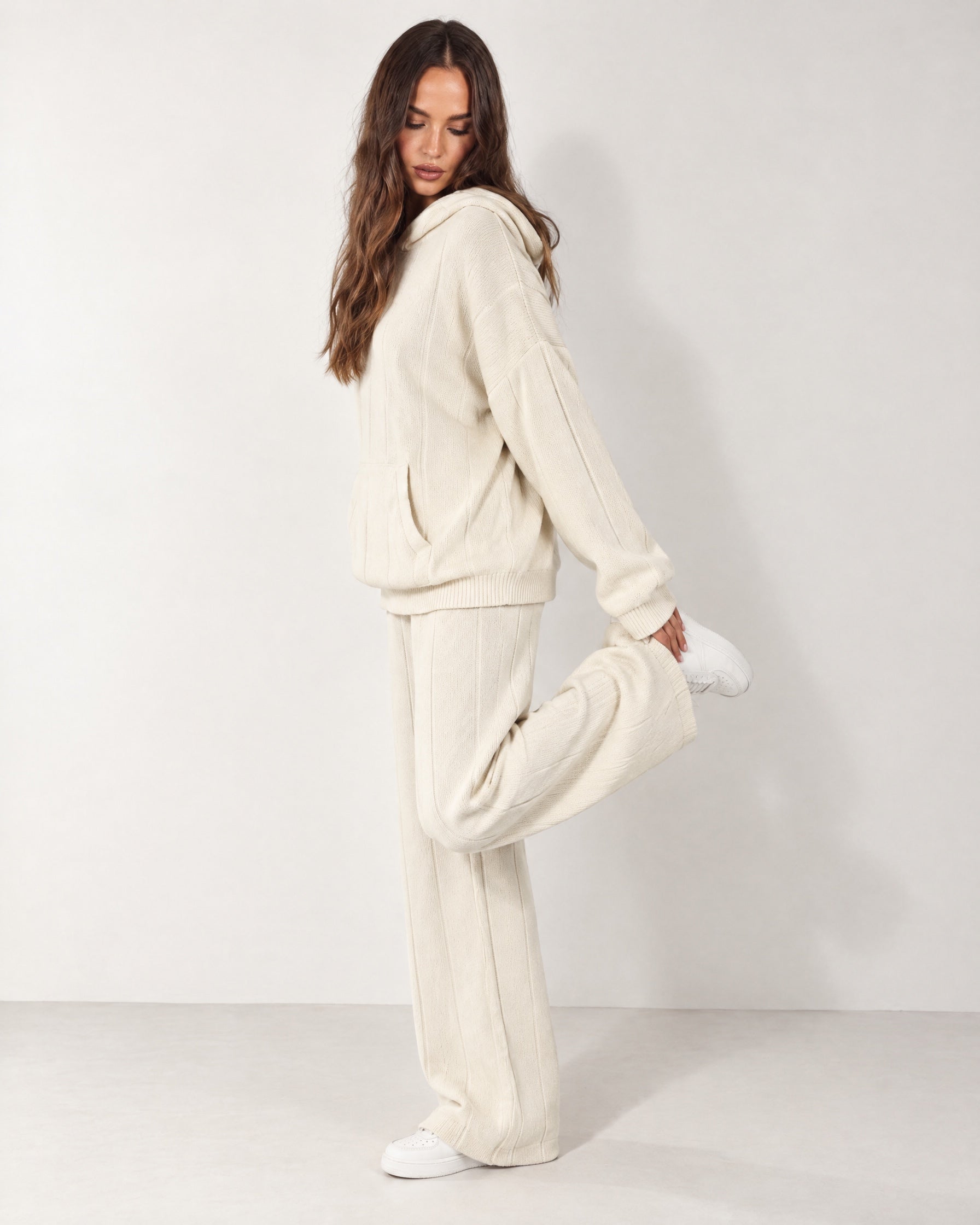 Cream Knitted Hoodie Oversized Ribbed with Kangaroo Pocket
