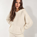 Cream Knitted Hoodie Oversized Ribbed with Kangaroo Pocket