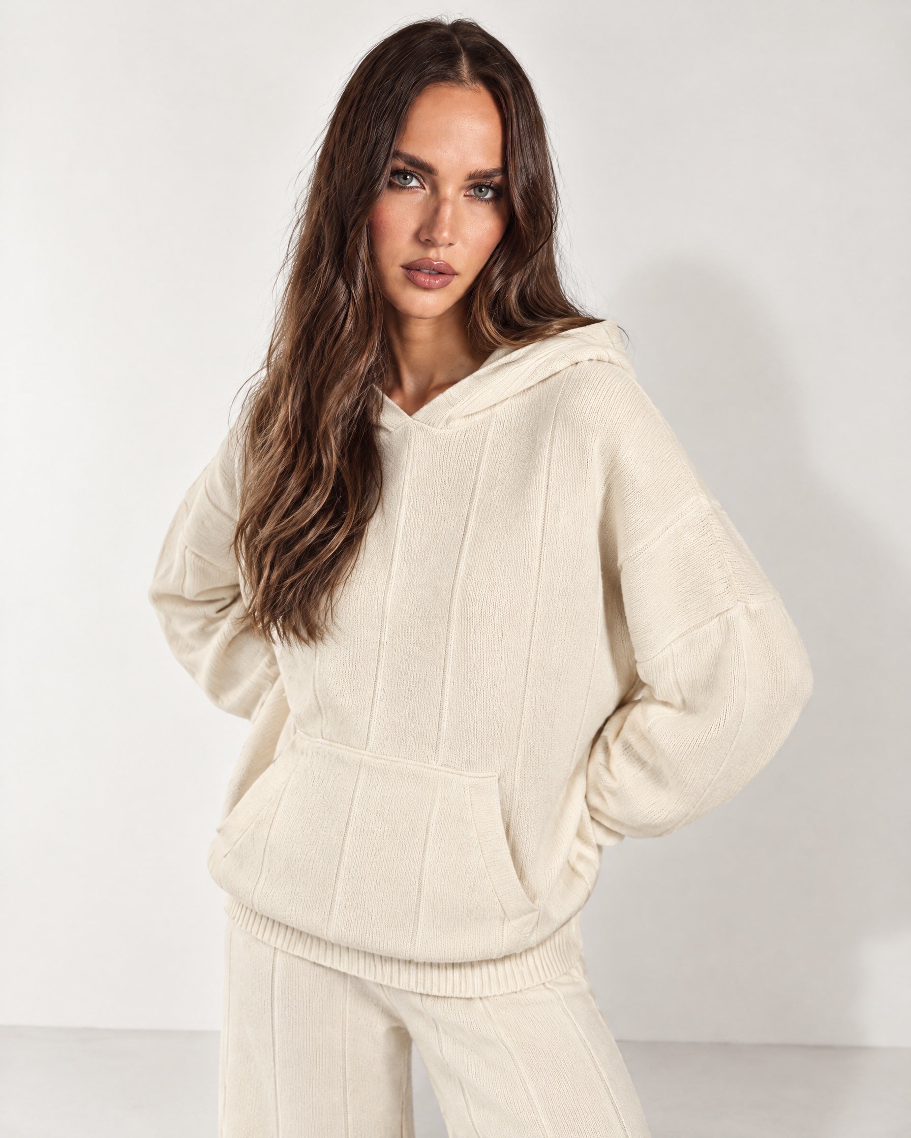Cream Knitted Hoodie Oversized Ribbed with Kangaroo Pocket