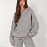Grey Knitted Hoodie Oversized Ribbed with Kangaroo Pocket