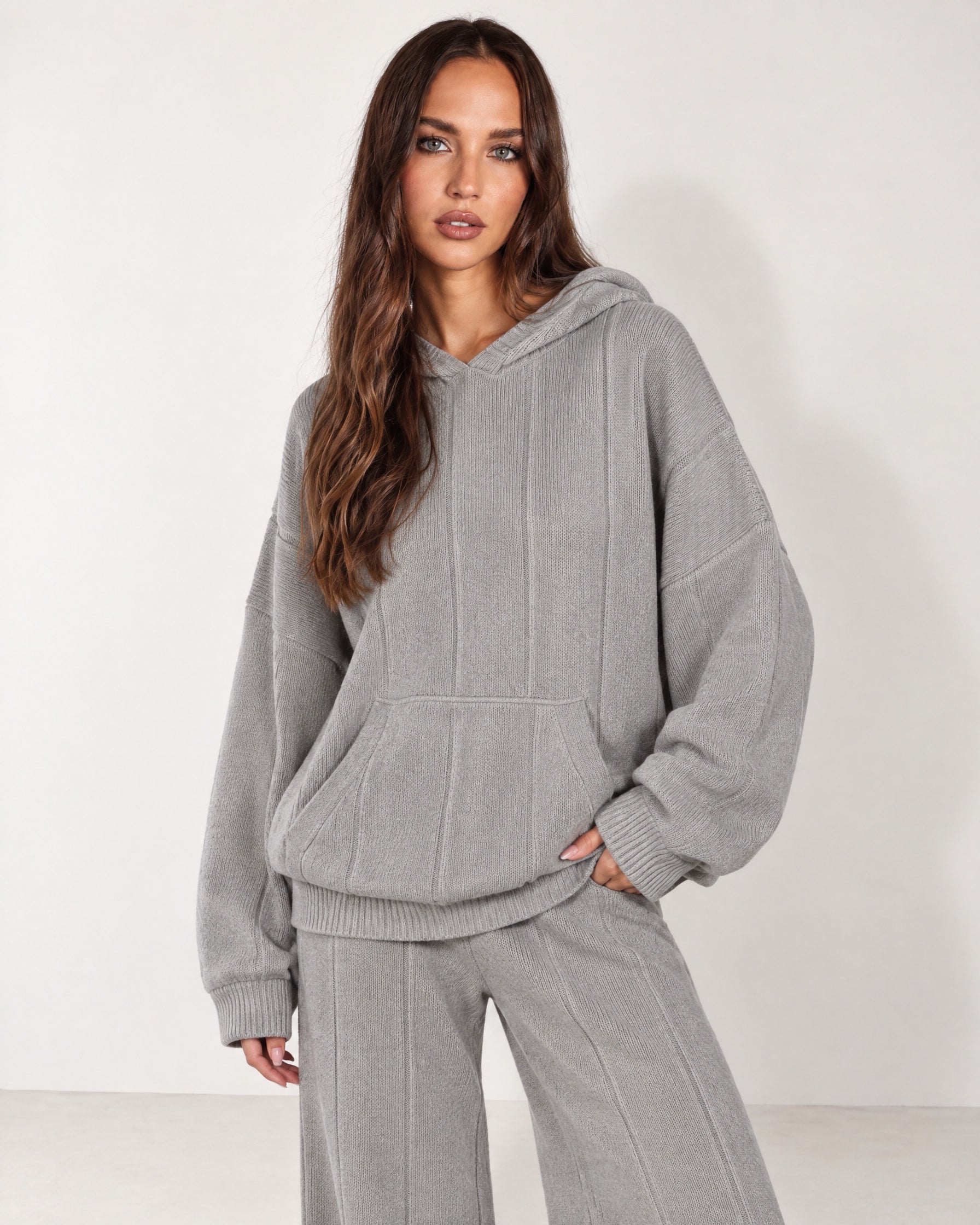 Grey Knitted Hoodie Oversized Ribbed with Kangaroo Pocket