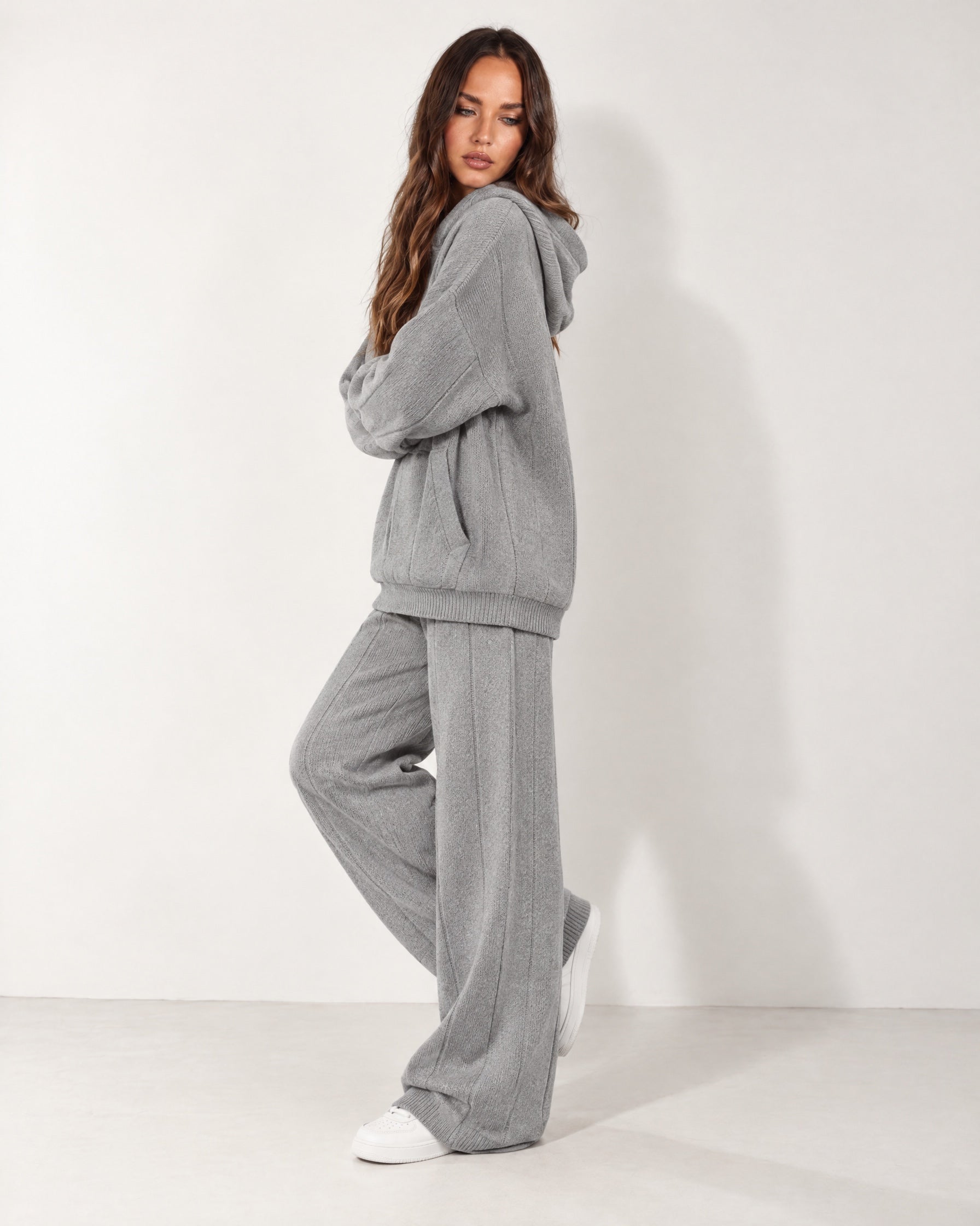 Grey Knitted Hoodie Oversized Ribbed with Kangaroo Pocket
