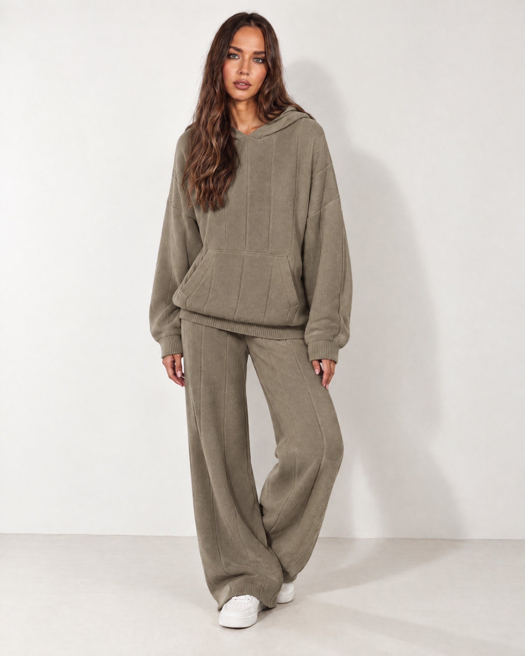 Khaki Knitted Hoodie Oversized Ribbed with Kangaroo Pocket – Séline Studio