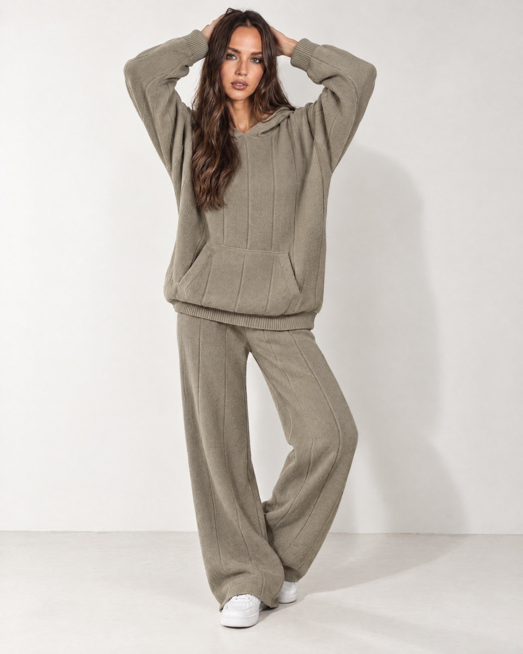 Khaki Knitted Hoodie Oversized Ribbed with Kangaroo Pocket