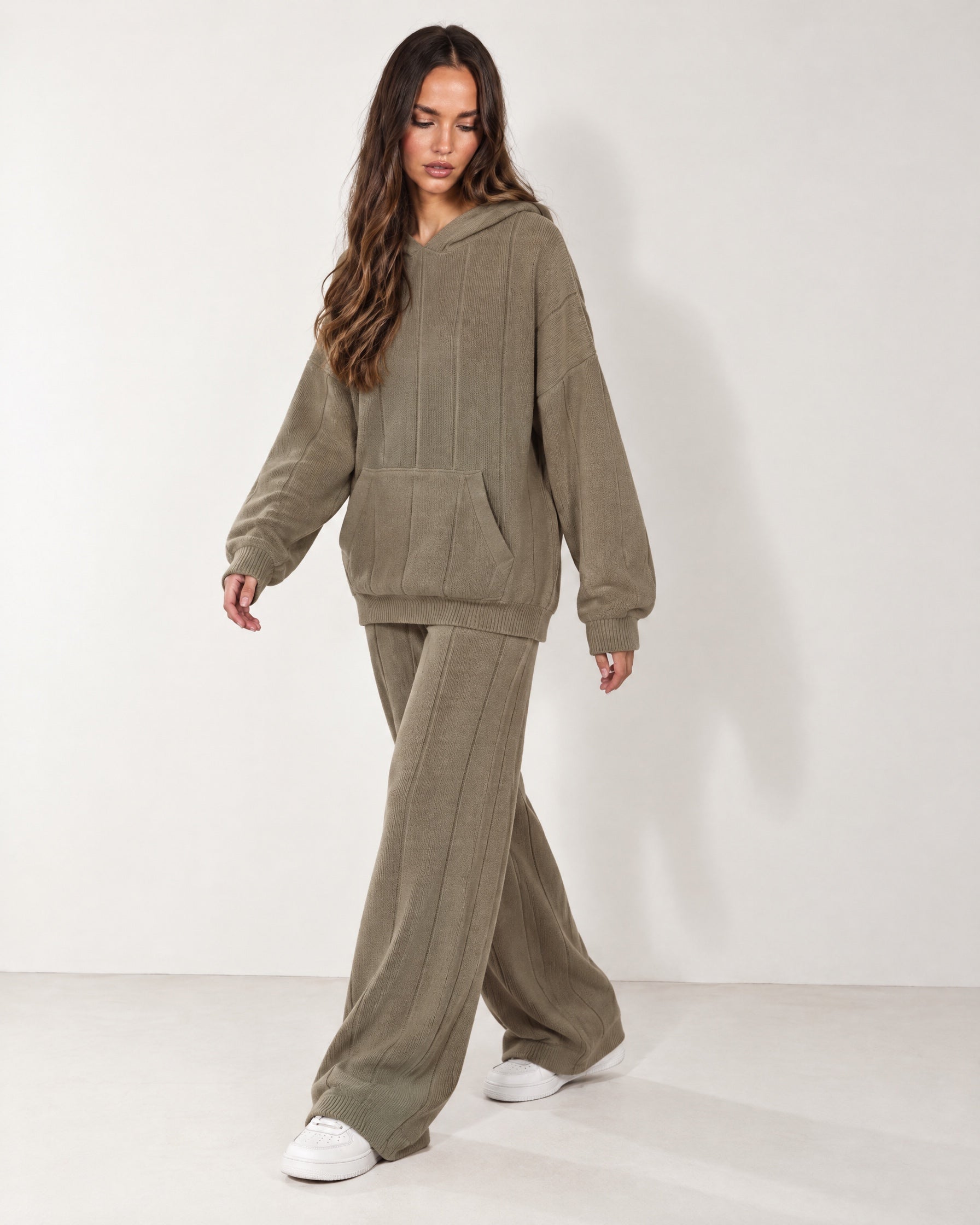 Khaki Knitted Hoodie Oversized Ribbed with Kangaroo Pocket