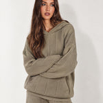Khaki Knitted Hoodie Oversized Ribbed with Kangaroo Pocket