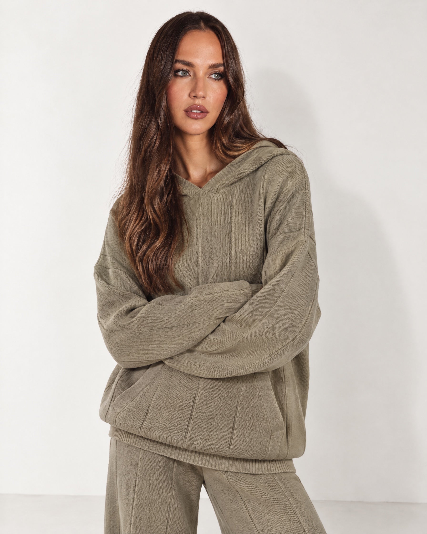 Khaki Knitted Hoodie Oversized Ribbed with Kangaroo Pocket