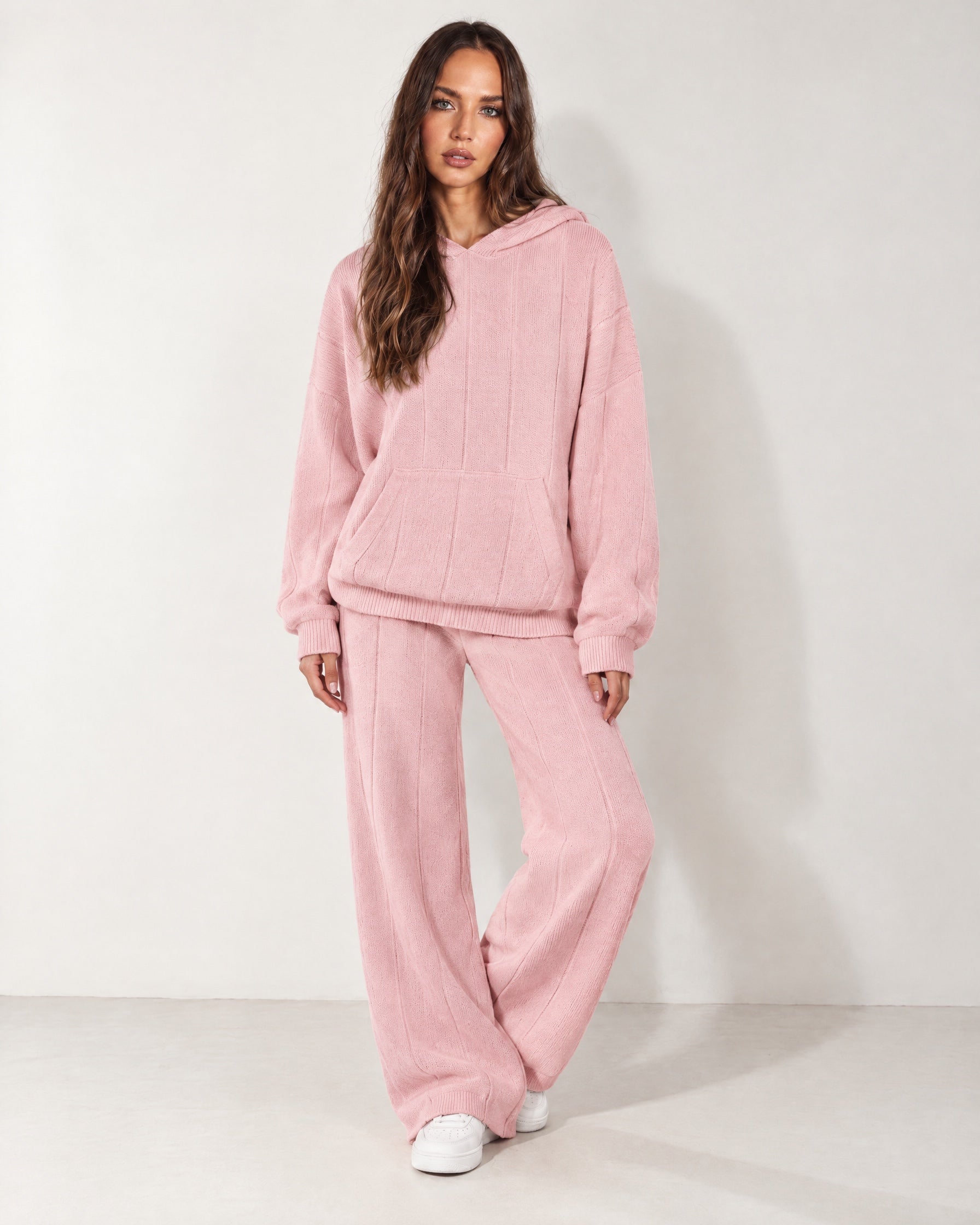 Pink Knitted Hoodie Oversized Ribbed with Kangaroo Pocket