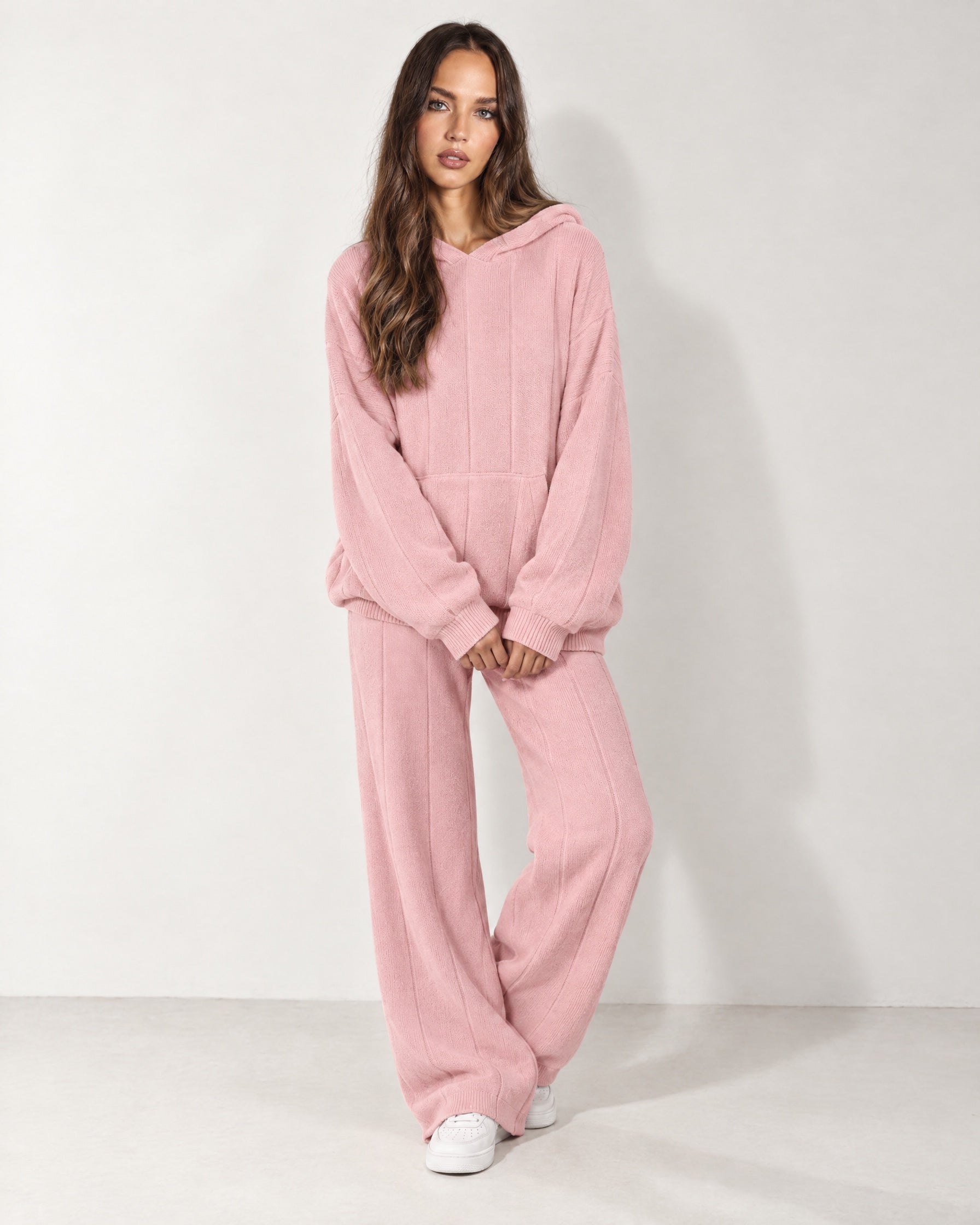 Pink Knitted Hoodie Oversized Ribbed with Kangaroo Pocket