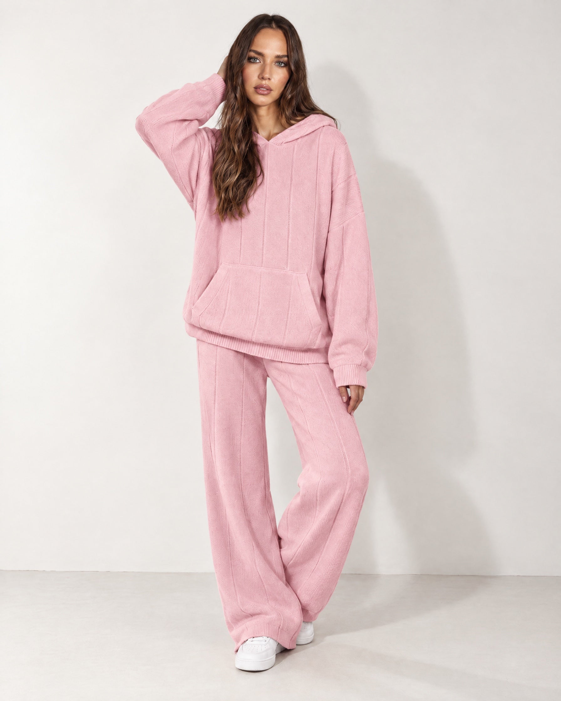Pink Knitted Hoodie Oversized Ribbed with Kangaroo Pocket