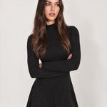 Black Knit Mini Dress Ribbed Mock Neck Flared