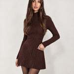 Brown Knit Mini Dress Ribbed Mock Neck Flared