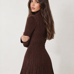 Brown Knit Mini Dress Ribbed Mock Neck Flared