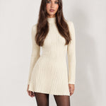 Cream Knit Mini Dress Ribbed Mock Neck Flared