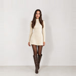 Cream Knit Mini Dress Ribbed Mock Neck Flared