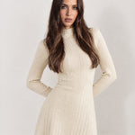 Cream Knit Mini Dress Ribbed Mock Neck Flared