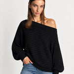 Black Off Shoulder Jumper Ribbed Knit Batwing Sweater with Boat Neck