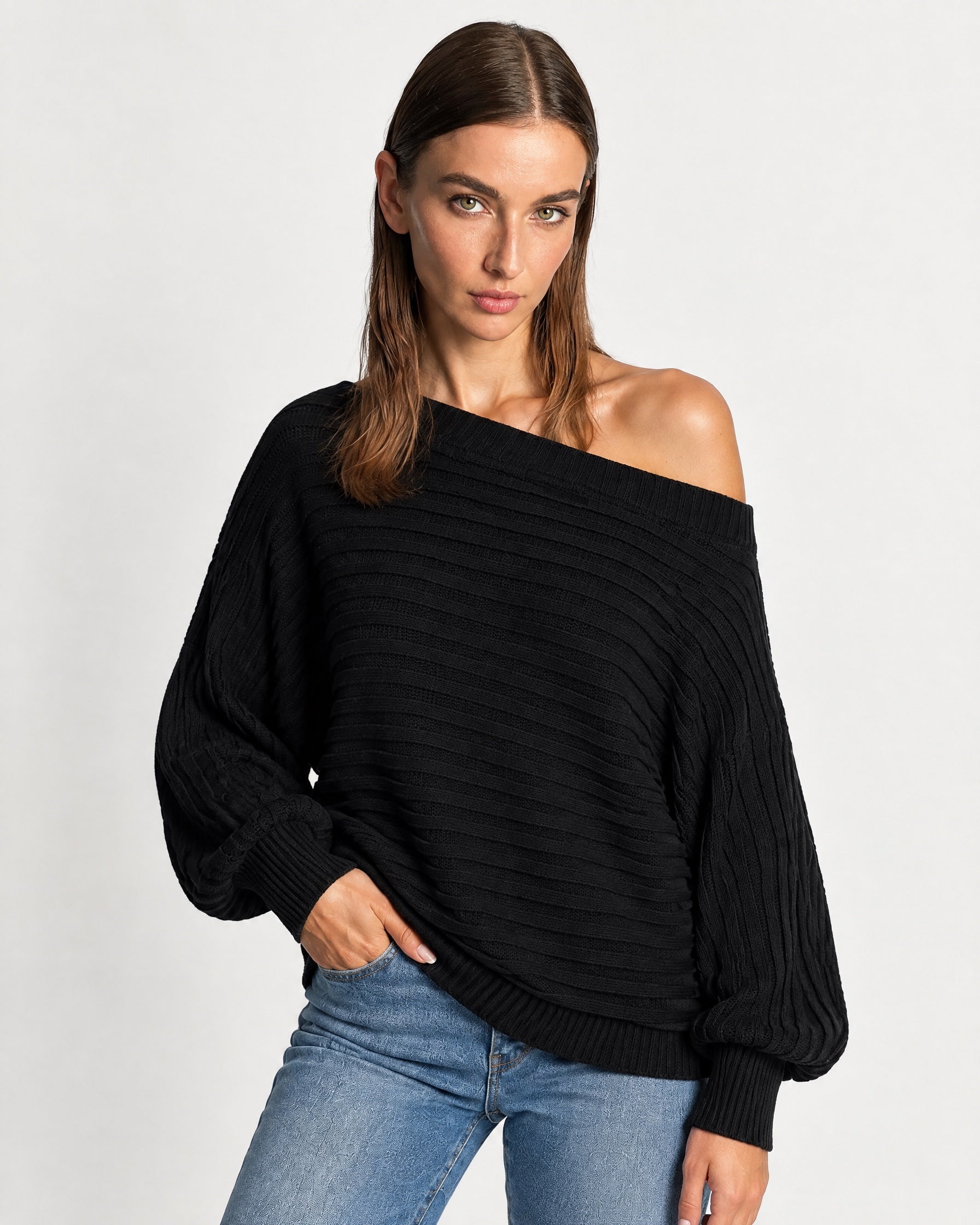 Black Off Shoulder Jumper Ribbed Knit Batwing Sweater with Boat Neck