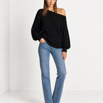 Black Off Shoulder Jumper Ribbed Knit Batwing Sweater with Boat Neck