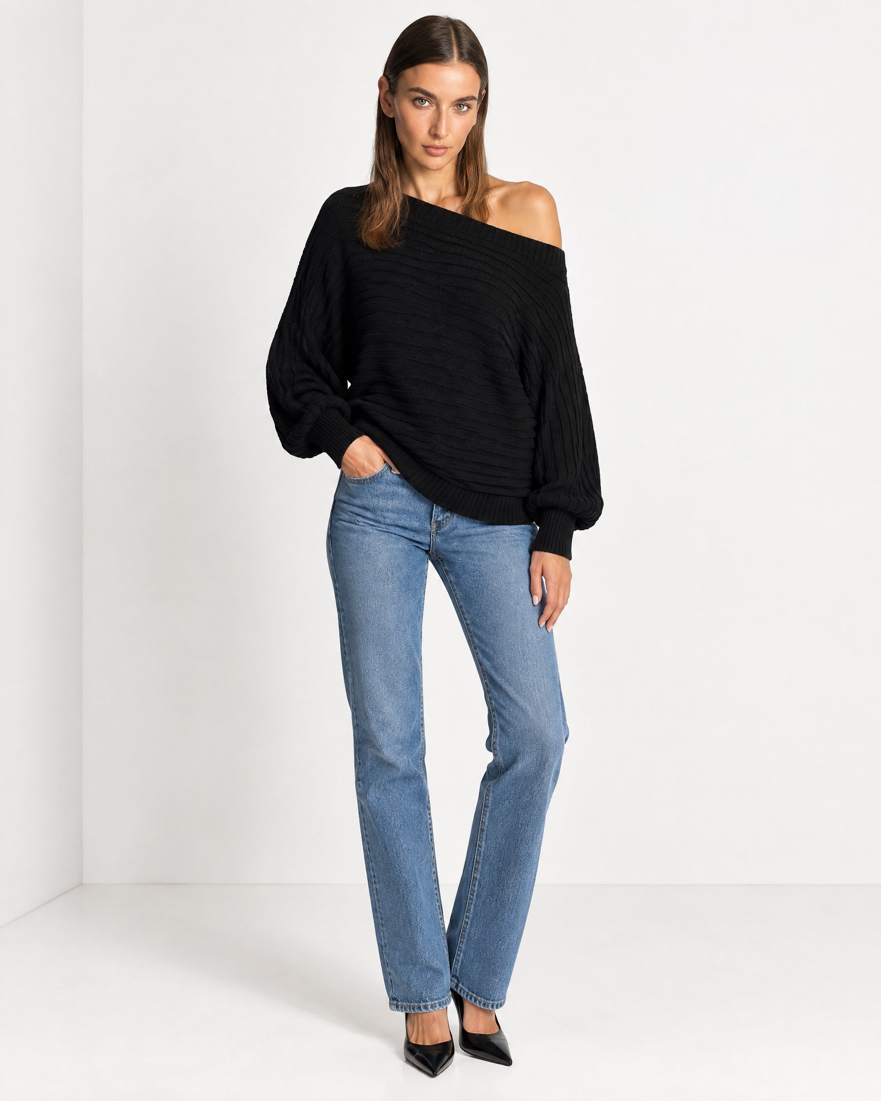 Black Off Shoulder Jumper Ribbed Knit Batwing Sweater with Boat Neck