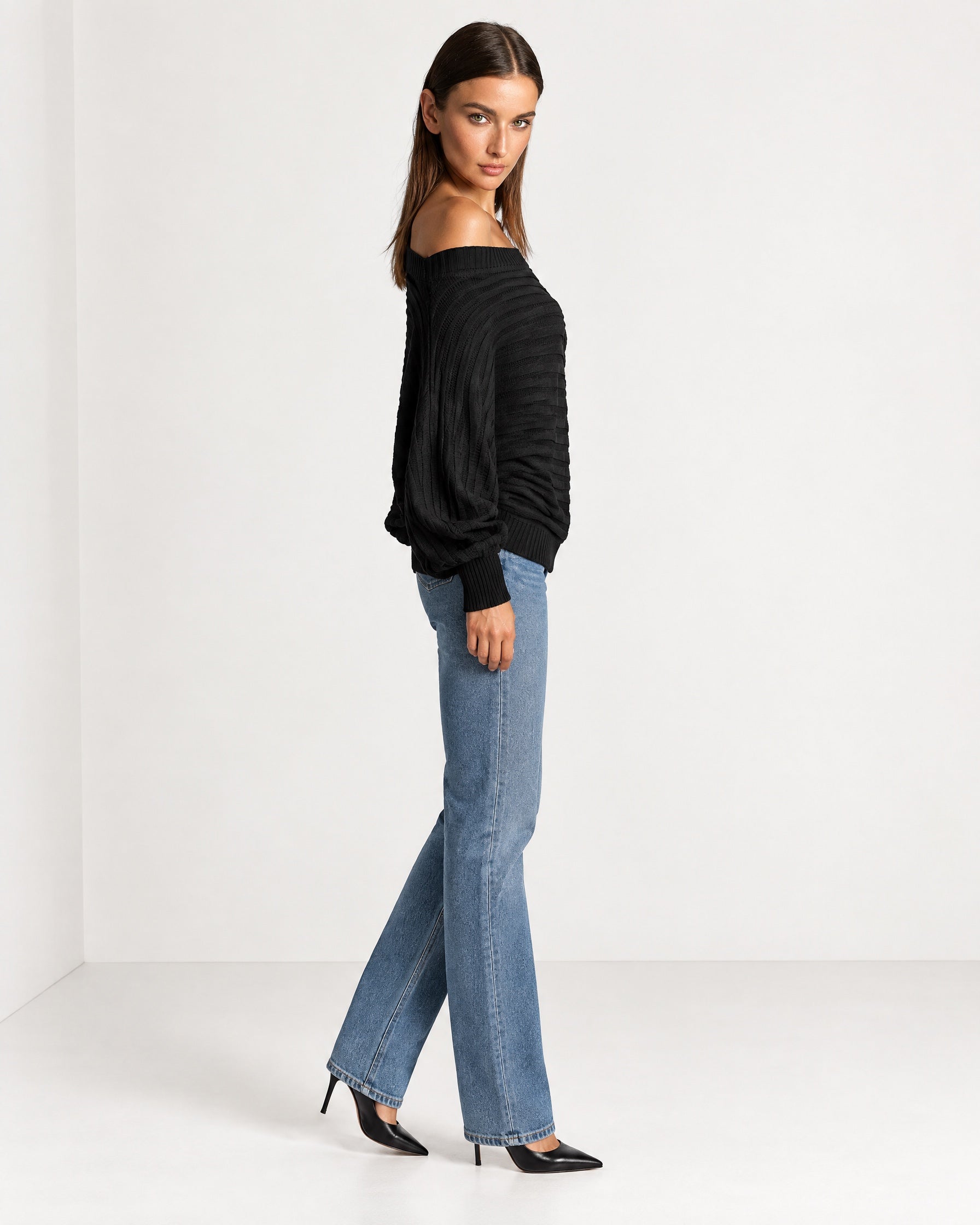 Black Off Shoulder Jumper Ribbed Knit Batwing Sweater with Boat Neck