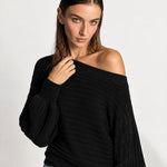 Black Off Shoulder Jumper Ribbed Knit Batwing Sweater with Boat Neck