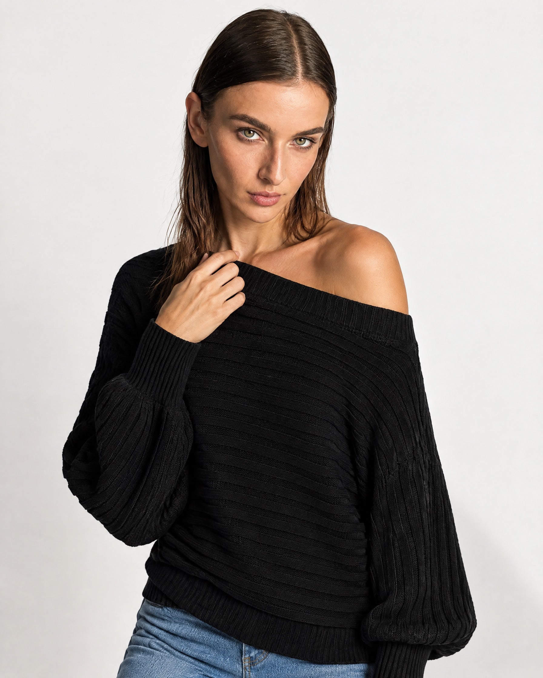 Black Off Shoulder Jumper Ribbed Knit Batwing Sweater with Boat Neck