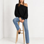 Black Off Shoulder Jumper Ribbed Knit Batwing Sweater with Boat Neck