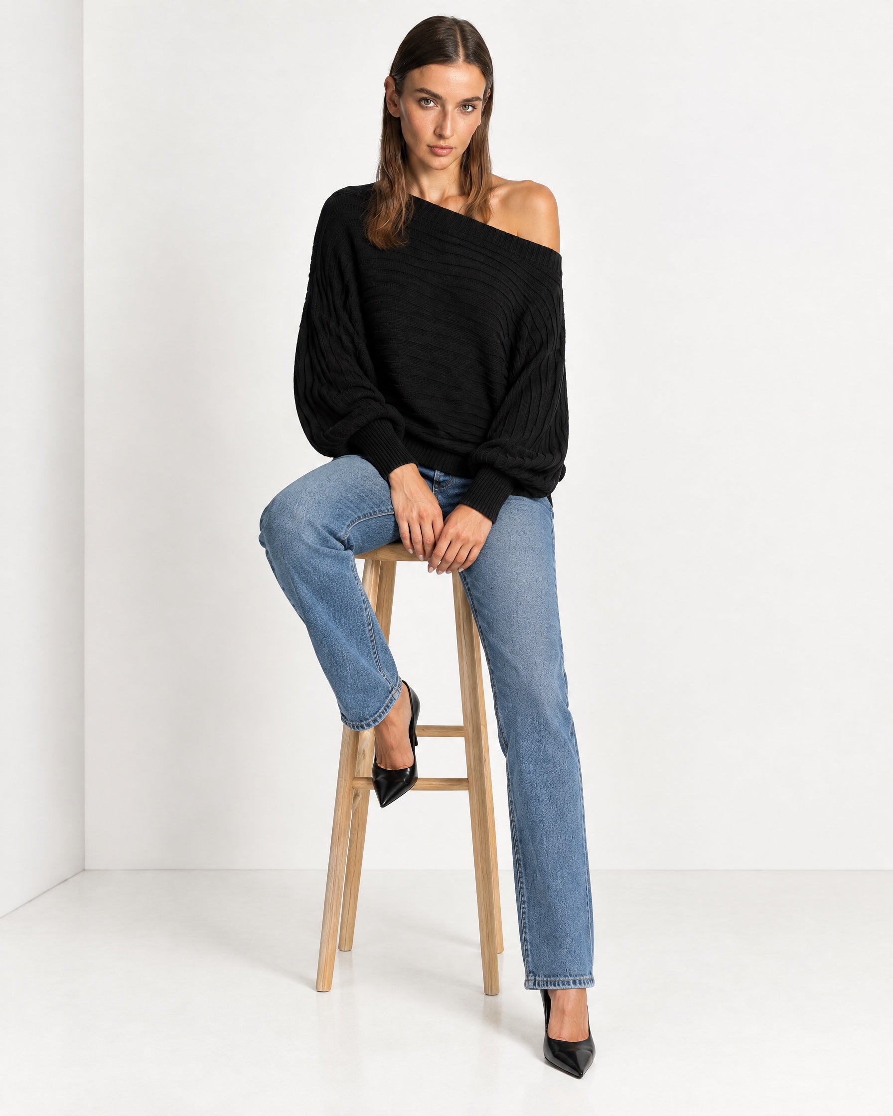 Black Off Shoulder Jumper Ribbed Knit Batwing Sweater with Boat Neck