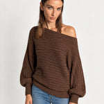 Coffee Off Shoulder Jumper Ribbed Knit Batwing Sweater with Boat Neck