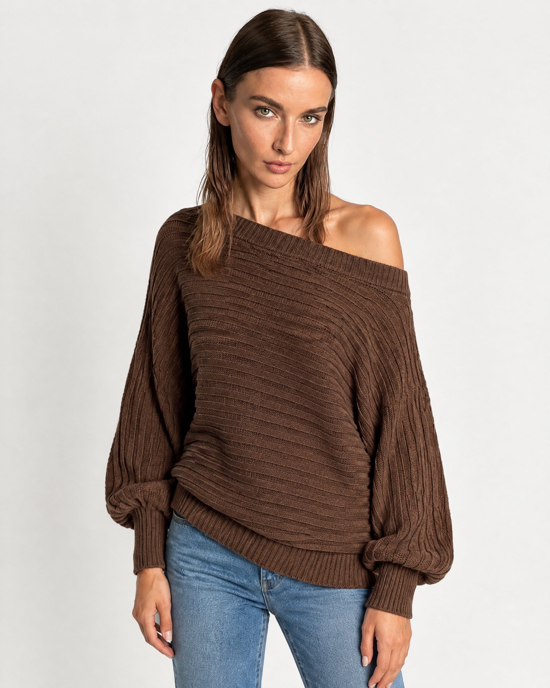 Coffee Off Shoulder Jumper Ribbed Knit Batwing Sweater with Boat Neck