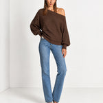 Coffee Off Shoulder Jumper Ribbed Knit Batwing Sweater with Boat Neck