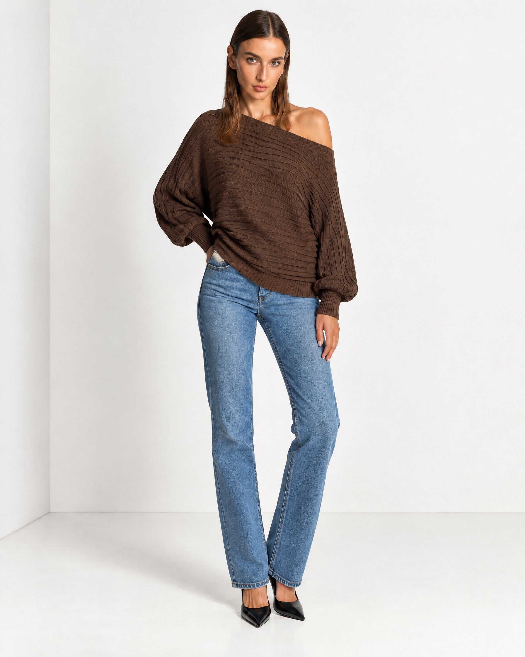 Coffee Off Shoulder Jumper Ribbed Knit Batwing Sweater with Boat Neck
