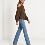 Coffee Off Shoulder Jumper Ribbed Knit Batwing Sweater with Boat Neck