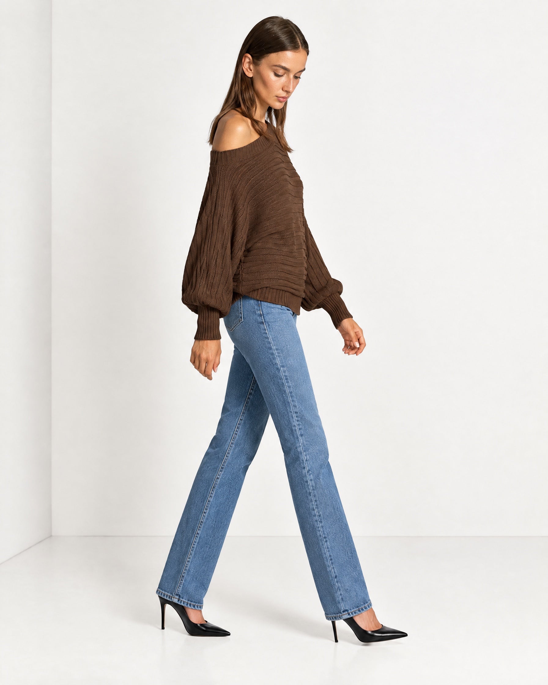 Coffee Off Shoulder Jumper Ribbed Knit Batwing Sweater with Boat Neck