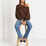 Coffee Off Shoulder Jumper Ribbed Knit Batwing Sweater with Boat Neck