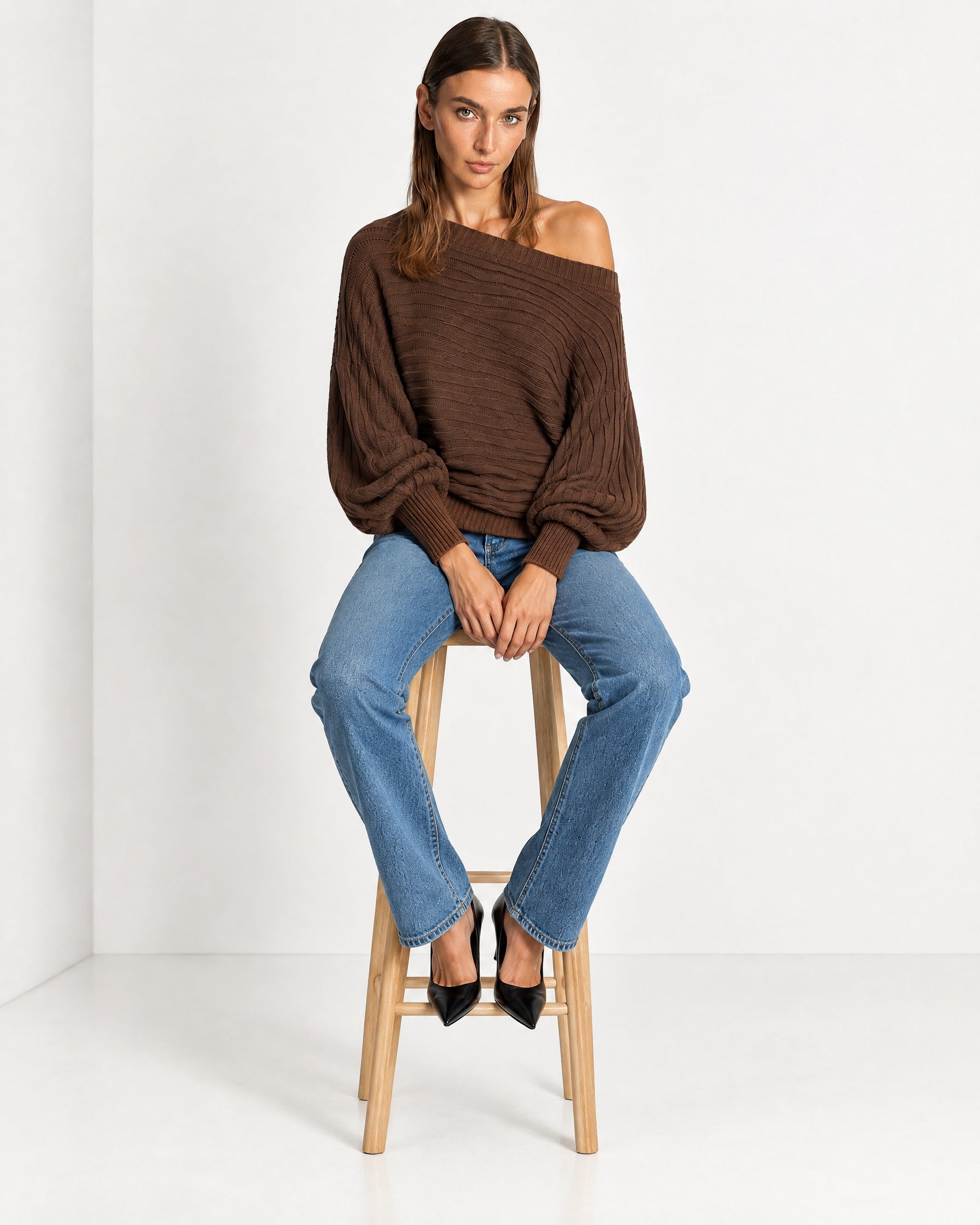 Coffee Off Shoulder Jumper Ribbed Knit Batwing Sweater with Boat Neck