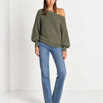 Khaki Off Shoulder Jumper Ribbed Knit Batwing Sweater with Boat Neck