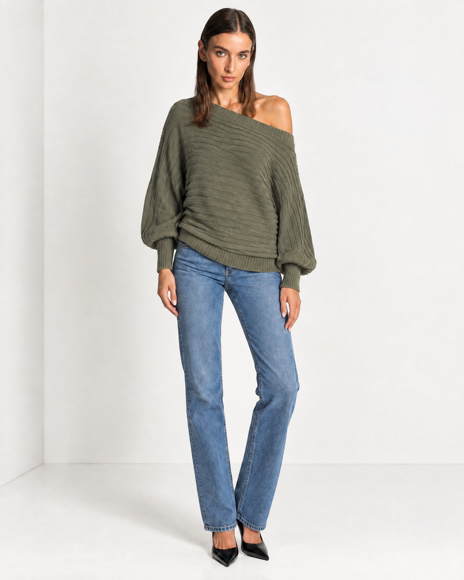 Khaki Off Shoulder Jumper Ribbed Knit Batwing Sweater with Boat Neck
